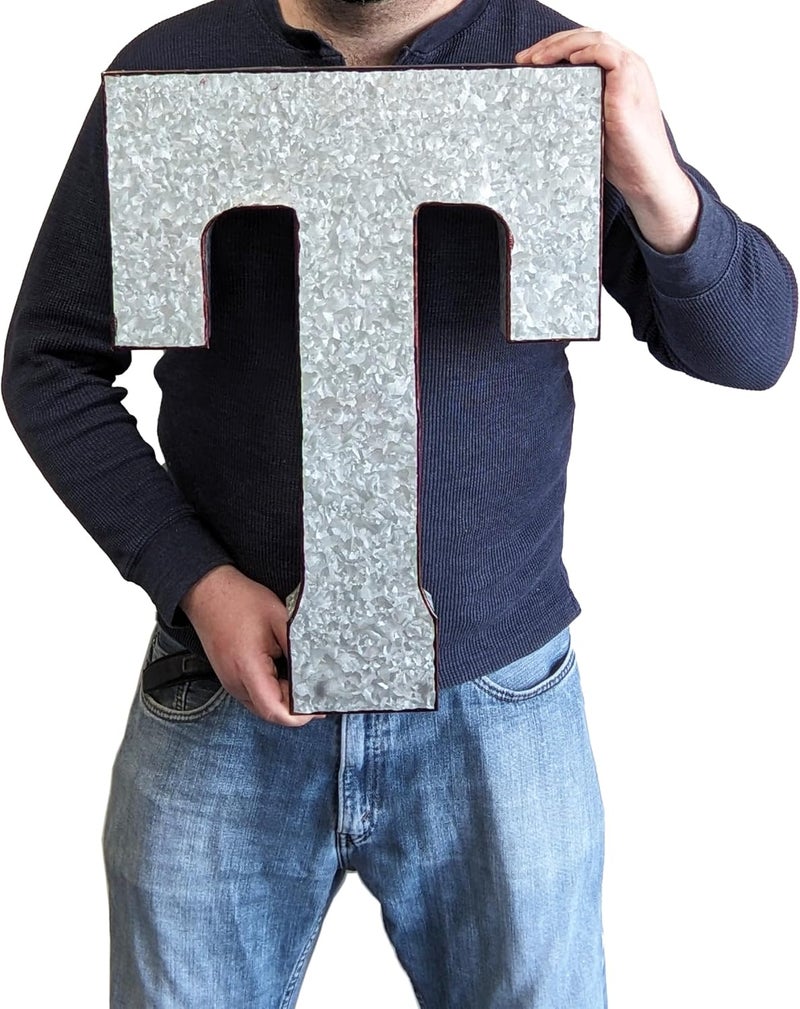 Science Purchase 20" Metal Letter T Wall Decor, Silver with Rusted Edges, Galvanized Wall Mountable Decoration for Country, Mid-Century, or Farmhouse Themed Room or Event - Image 2